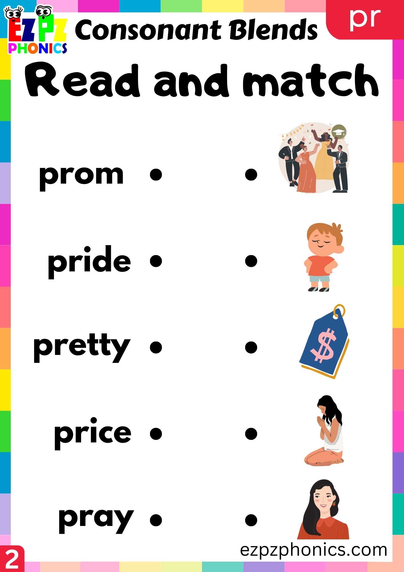 Group2 PR Words Read And Match Phonics Consonant Blends Worksheet